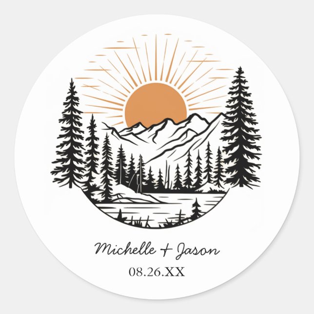 Moderne trendy Line Art Gebirge Hochzeit Runder Aufkleber (Vorderseite)