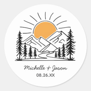 Moderne trendy Line Art Gebirge Hochzeit Runder Aufkleber