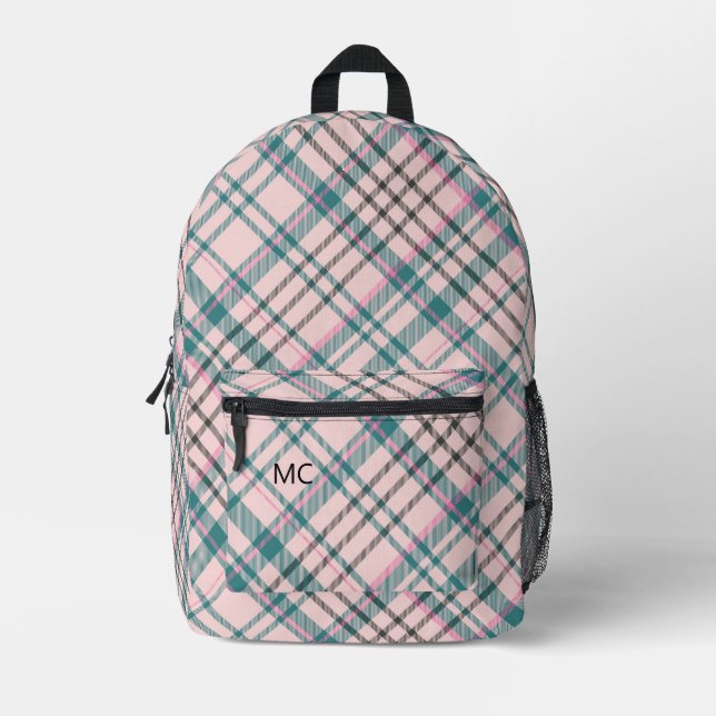 Moderne trendy rosa Karo Kariert Monogram Initiale Bedruckter Rucksack (Vorderseite)