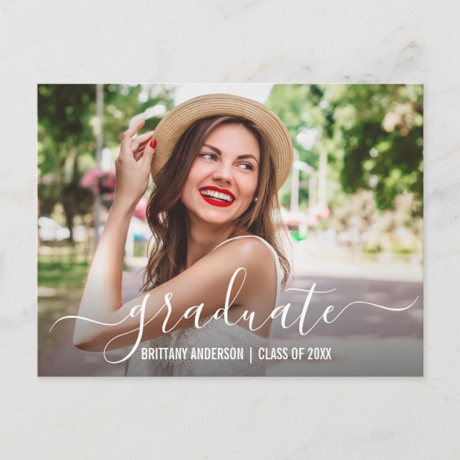 Moderne Trendy Script Foto Graduation Party Einladungspostkarte (Vorderseite)