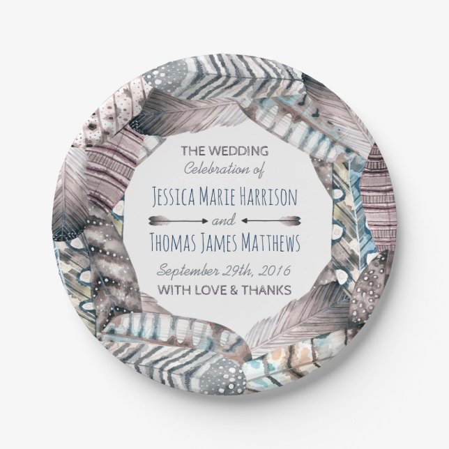 Moderne Tribal Feathers Bohemisch Hochzeit Pappteller (Vorderseite)