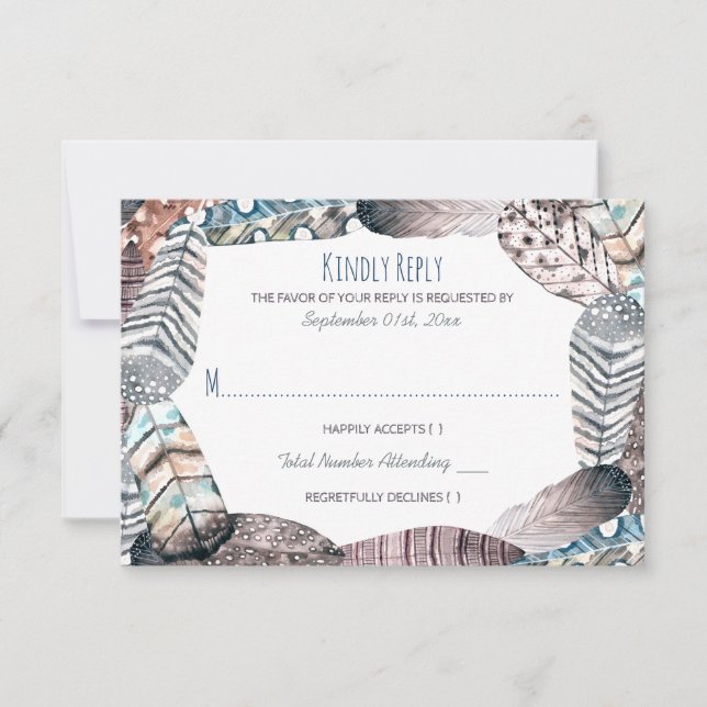 Moderne Tribal Feathers Bohemisch Wedding RSVP (Vorderseite)
