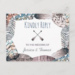 Moderne Tribal Feathers Bohemisch Wedding RSVP Einladungspostkarte