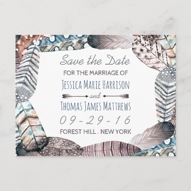 Moderne Tribal Federn Save the Date Bohemisch Ankündigungspostkarte (Vorderseite)