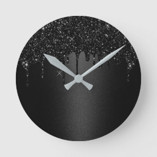 Moderne Tropfen aus schwarzem Glitzer Elegant Runde Wanduhr