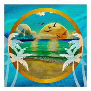 Moderne Tropical Beach Palm Bäume Sonnenuntergang  Fotodruck