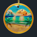 Moderne Tropical Beach Palm Bäume Sonnenuntergang Keramik Ornament<br><div class="desc">Ich kreierte ein atemberaubendes Sommerstrand-Design mit einer lebhaften Mischung aus wunderschöner Blues und Türkis. Das Herzstück des Designs ist ein atemberaubender Sonnenuntergang, der sanft von goldgelben Farbtönen zu warmen Orangen übergeht und ein faszinierendes Licht über die Szene wirft. Eingebettet in das ruhige Wasser ist ein charmantes Boot, das der Komposition...</div>