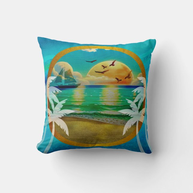 Moderne Tropical Beach Palm Bäume Sonnenuntergang  Kissen (Vorderseite)