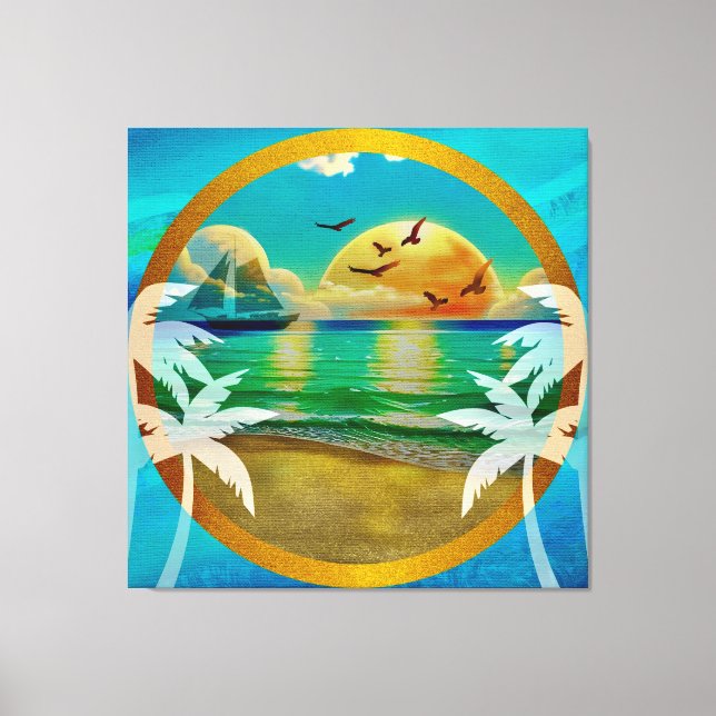 Moderne Tropical Beach Palm Bäume Sonnenuntergang  Leinwanddruck (Vorderseite)