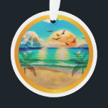 Moderne Tropical Beach Palm Bäume Sonnenuntergang  Ornament<br><div class="desc">Ich kreierte ein atemberaubendes Sommerstrand-Design mit einer lebhaften Mischung aus wunderschöner Blues und Türkis. Das Herzstück des Designs ist ein atemberaubender Sonnenuntergang, der sanft von goldgelben Farbtönen zu warmen Orangen übergeht und ein faszinierendes Licht über die Szene wirft. Eingebettet in das ruhige Wasser ist ein charmantes Boot, das der Komposition...</div>