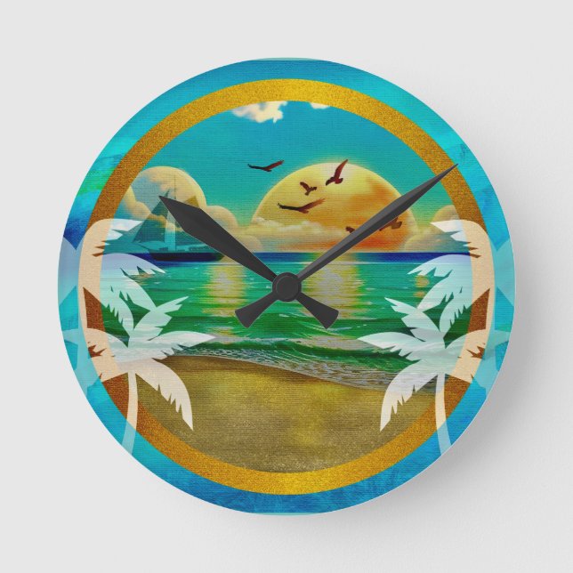 Moderne Tropical Beach Palm Bäume Sonnenuntergang  Runde Wanduhr (Vorderseite)