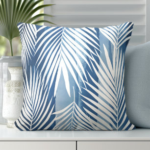 Moderne Tropical Blue White Palm Blätter Kissen