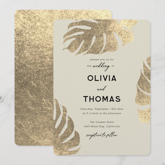 Moderne Tropical Gold Elegante Foliage Chic Hochze Einladung (Vorne/Hinten)
