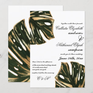 Moderne Tropical Green Gold Monstera Blätter Hochz Einladung