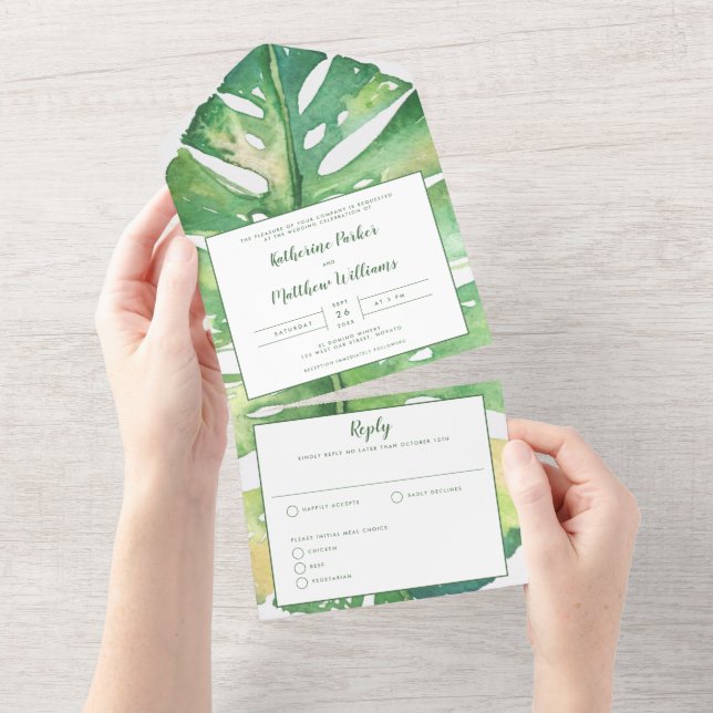 Moderne Tropical Island Palm Wedding All In One Einladung (Abreißen)