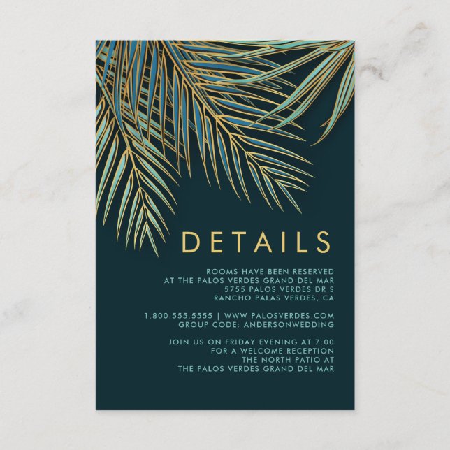 Moderne Tropical Palm Gold Green Beach Hochzeit Begleitkarte (Vorderseite)