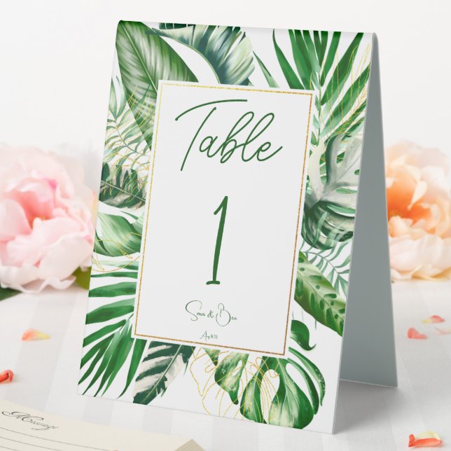 Moderne Tropical Palm Leaf Gold Frame Wedding Tischaufsteller (In Situ (Hochzeit))