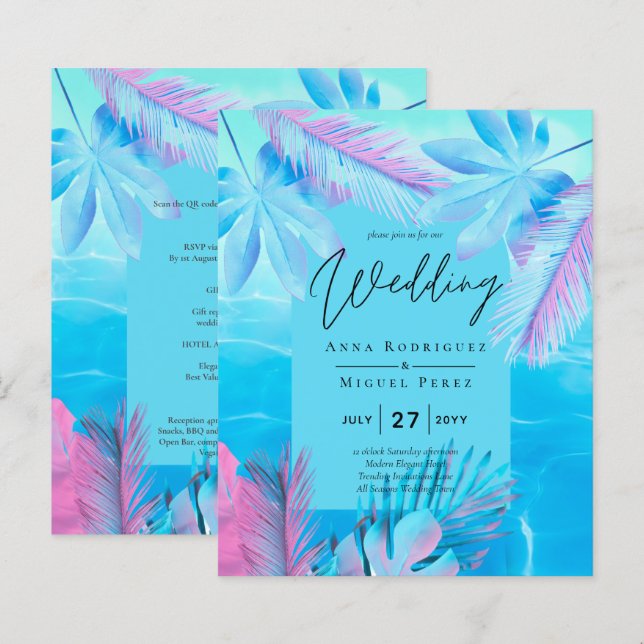Moderne Tropical Summer Aqua Blue Pink Hochzeit (Vorne/Hinten)
