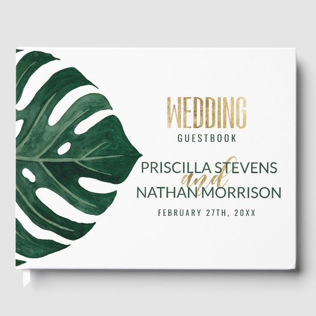 Moderne Tropical Swiss Cheese Leaf Gold Wedding Gästebuch (Vorderseite)