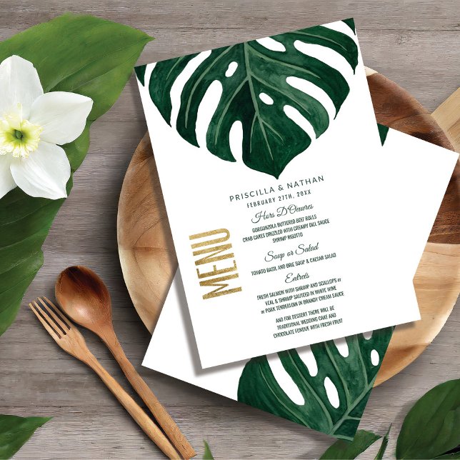 Moderne Tropical Swiss Cheese Leaf Gold Wedding Menükarte (Von Creator hochgeladen)