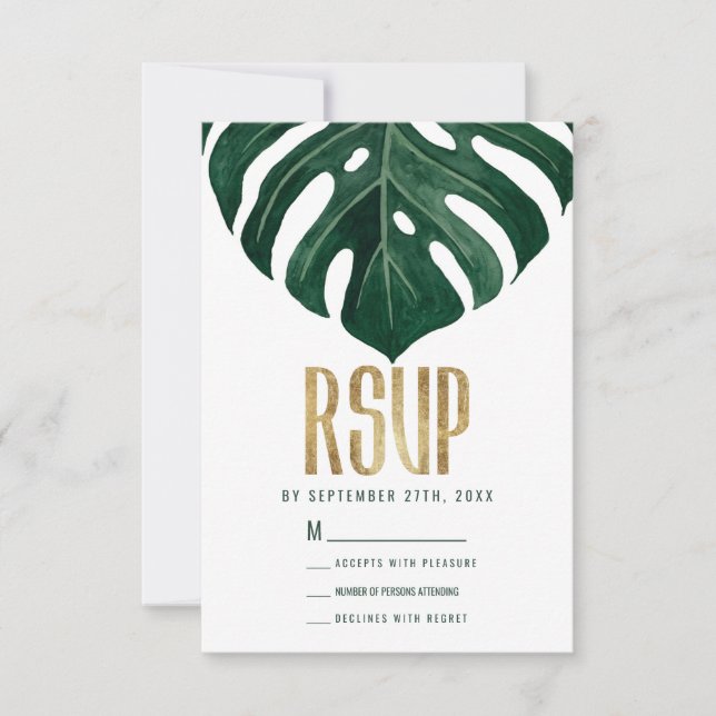 Moderne Tropical Swiss Cheese Leaf Gold Wedding RSVP Karte (Vorderseite)