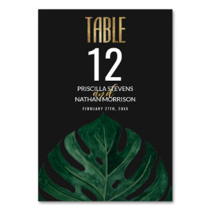 Moderne Tropical Swiss Cheese Leaf Gold Wedding Tischnummer