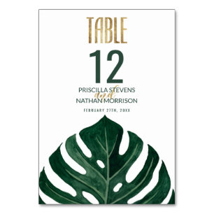 Moderne Tropical Swiss Cheese Leaf Gold Wedding Tischnummer