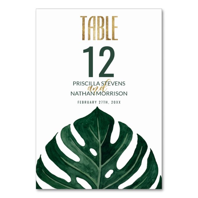 Moderne Tropical Swiss Cheese Leaf Gold Wedding Tischnummer (Vorderseite)