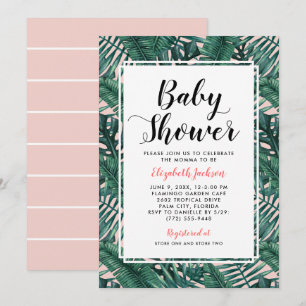 Moderne Tropicale Palmwedel-Baby-Party in Rosé Einladung