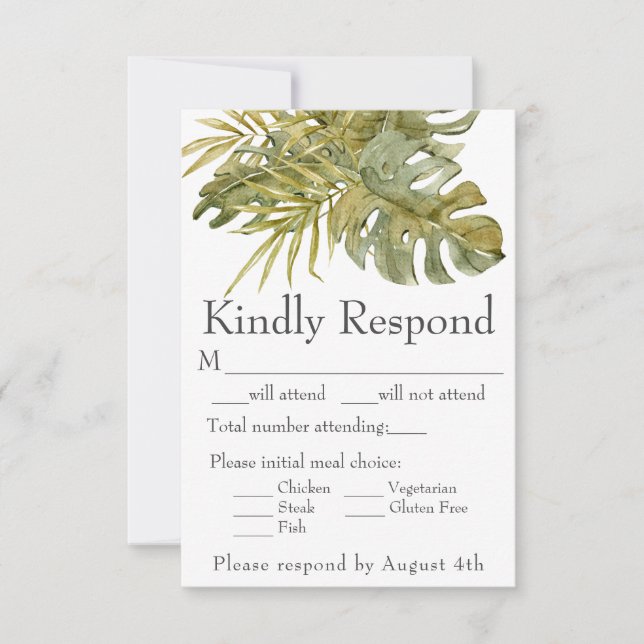 Moderne tropische Blätter Palmspeise RSVP Karte (Vorderseite)