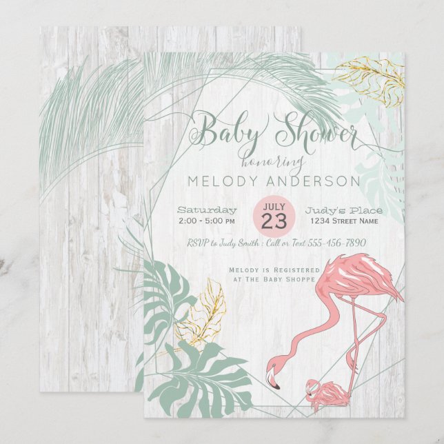 Moderne tropische Blätter Rosa Flamingo Kinderdusc Einladung (Vorne/Hinten)