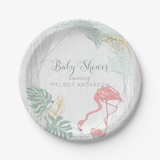 Moderne tropische Blätter Rosa Flamingo Kinderdusc Pappteller (Vorderseite)