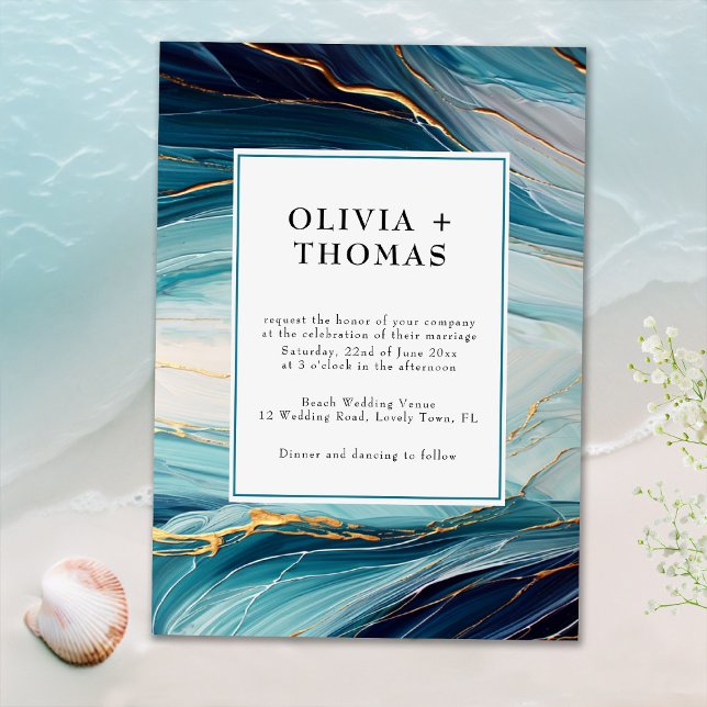 Moderne Tropische Bliss Gold Ink Ocean Wave Weddin Einladung (Von Creator hochgeladen)