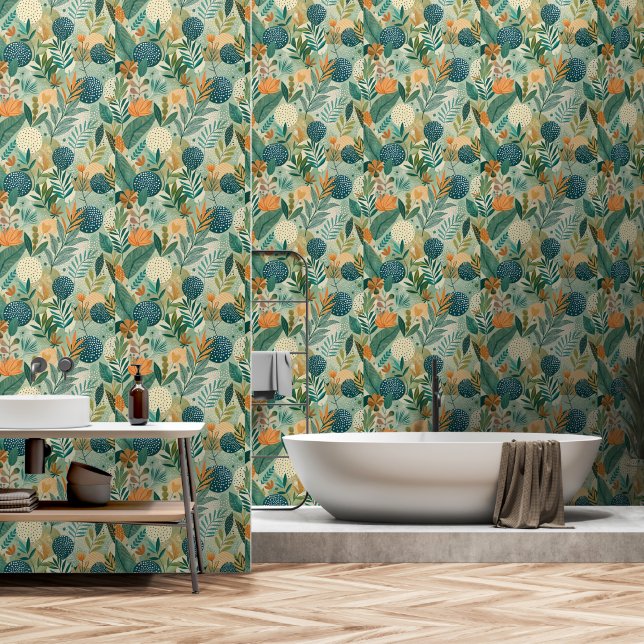 Moderne tropische botanische Blätter Badezimmer Tapete (Badezimmer)