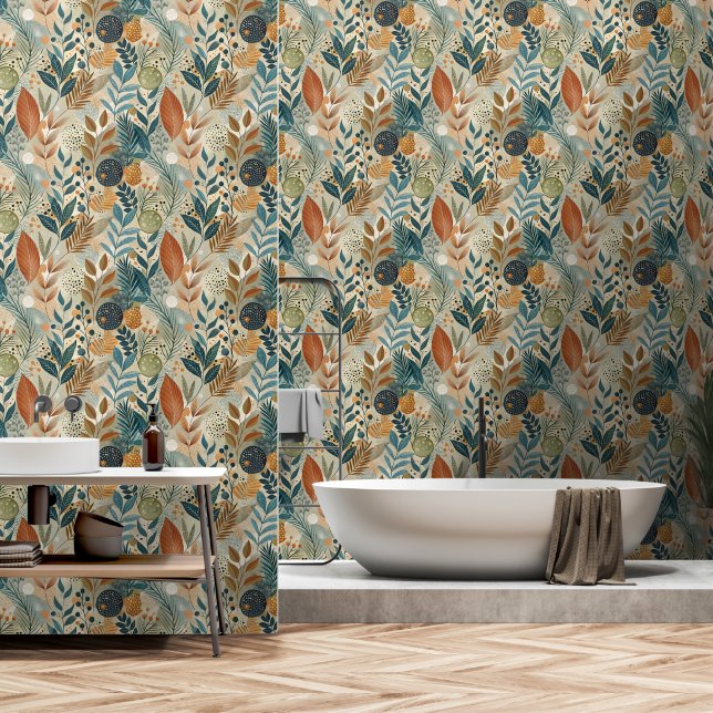 Moderne tropische botanische Blätter Badezimmer Tapete (Badezimmer)