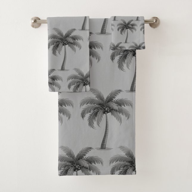Moderne tropische botanische Palmen auf Grau Badhandtuch Set (Insitu)