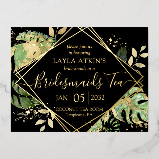 Moderne tropische Bridesmaier Tea Dusche Gold Folie Einladungspostkarte (Vorderseite)