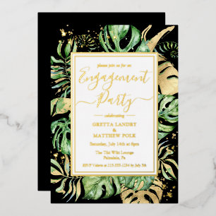 Moderne tropische Engagement Party Black & Gold Folieneinladung