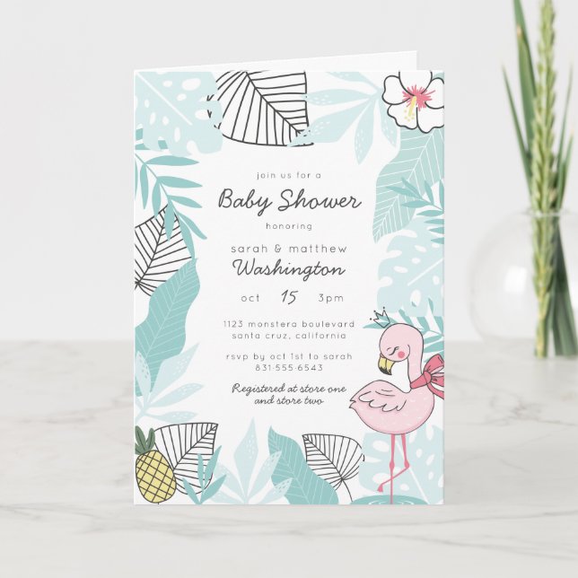 Moderne tropische Flamingo & Ananas Kinderdusche Einladung (Vorderseite)