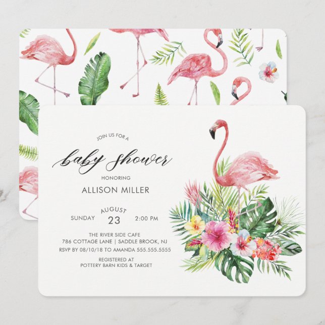 Moderne tropische Flamingo Baby Dusche Einladung (Vorne/Hinten)