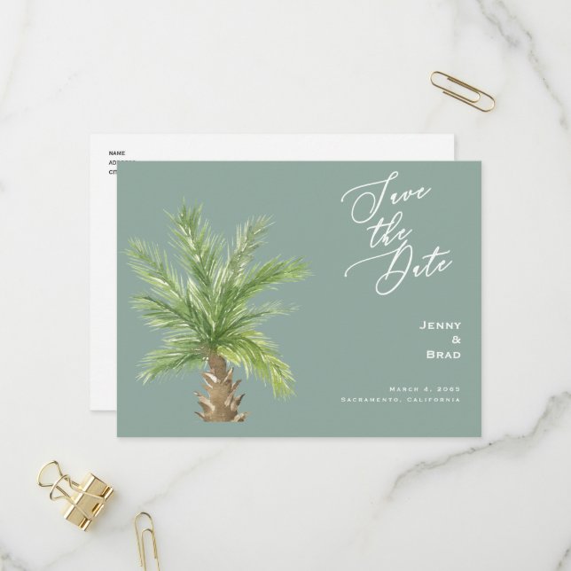 Moderne tropische Foliage Hochzeit retten das Datu Einladungspostkarte (Vorderseite/Rückseite Beispiel)