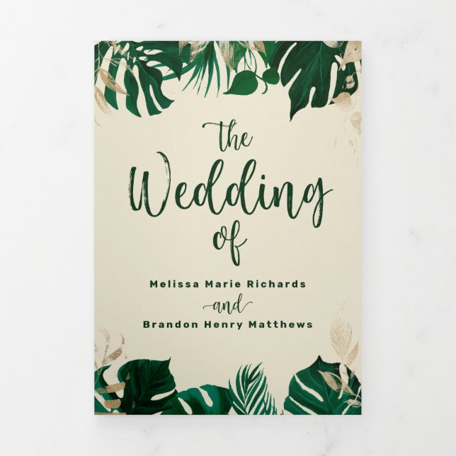 Moderne tropische Foliage mit Goldhochzeit Dreifach-gefaltete Programmkarte (Cover)