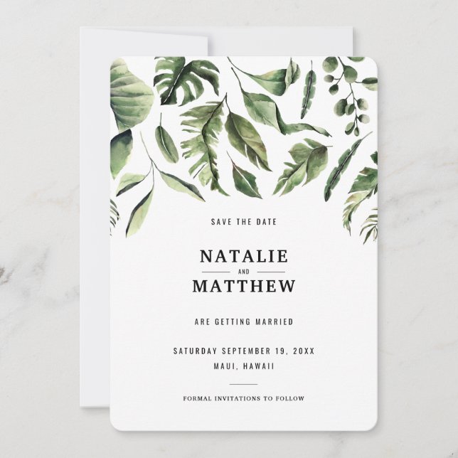 Moderne tropische Karte des Blattes Save the Date (Vorderseite)