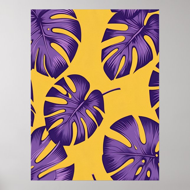Moderne tropische Lila Blätter - Lebhafte Gelbe Ku Poster (Vorne)
