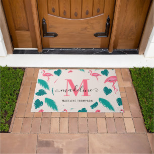 Moderne tropische Monogramm-Blätter Hot Pink Flami Fußmatte
