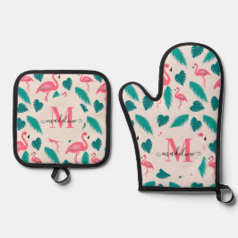Moderne tropische Monogramm-Blätter Hot Pink Flami Ofenhandschuh & Topflappen-Set