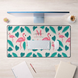 Moderne tropische Monogramm-Blätter Hot Pink Flami Schreibtischunterlage