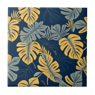 Moderne tropische Monstera-Blatt Navy Gold Dschung Fliese