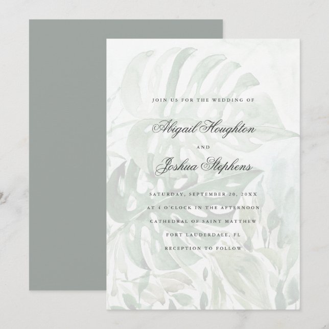 Moderne tropische Monstera-Blätter Hochzeit Einladung (Vorne/Hinten)