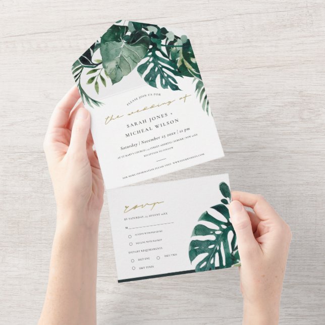 MODERNE TROPISCHE MONSTERA FOLIAGE GREEN WATERCOLO ALL IN ONE EINLADUNG (Abreißen)